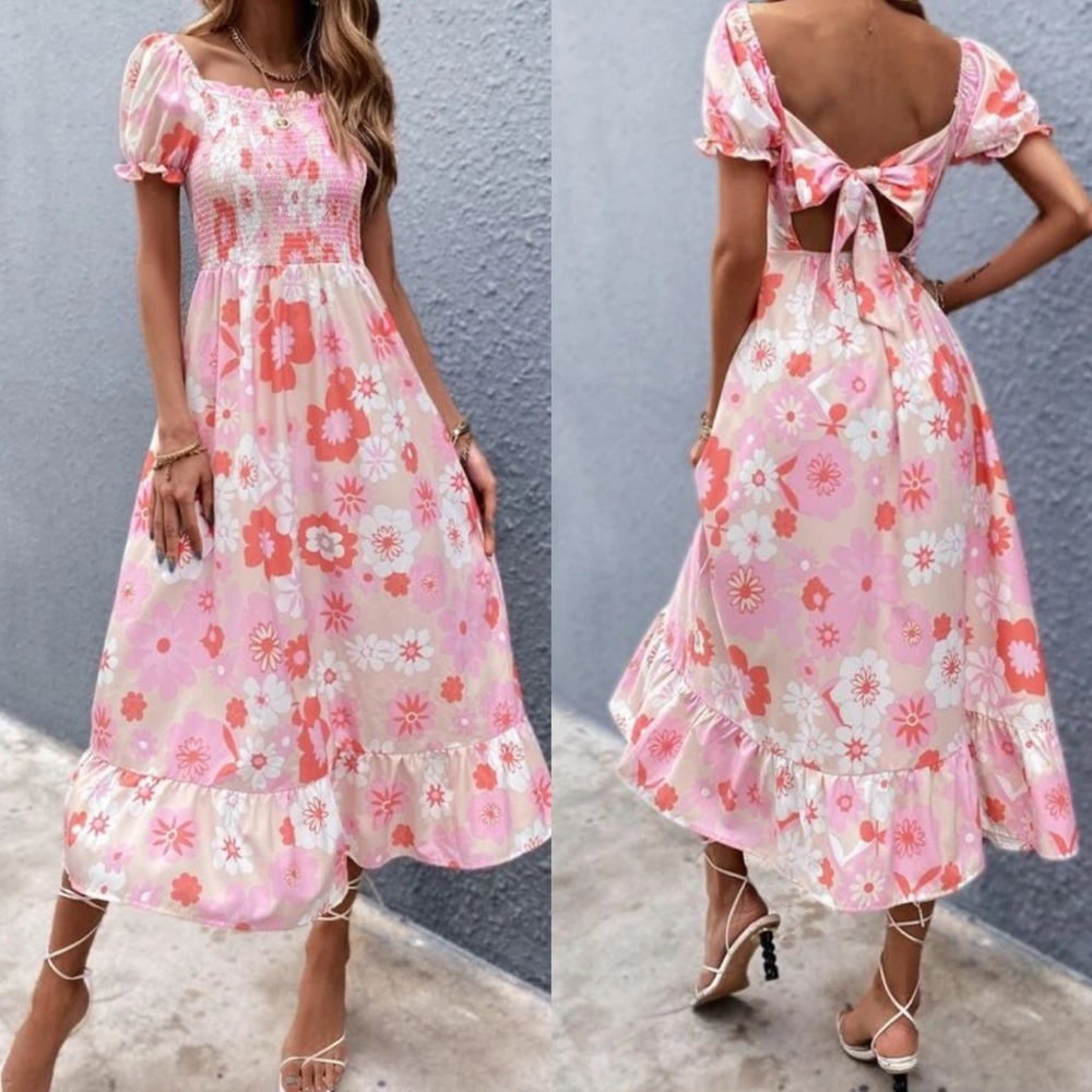Boho floral print tie back A line dress